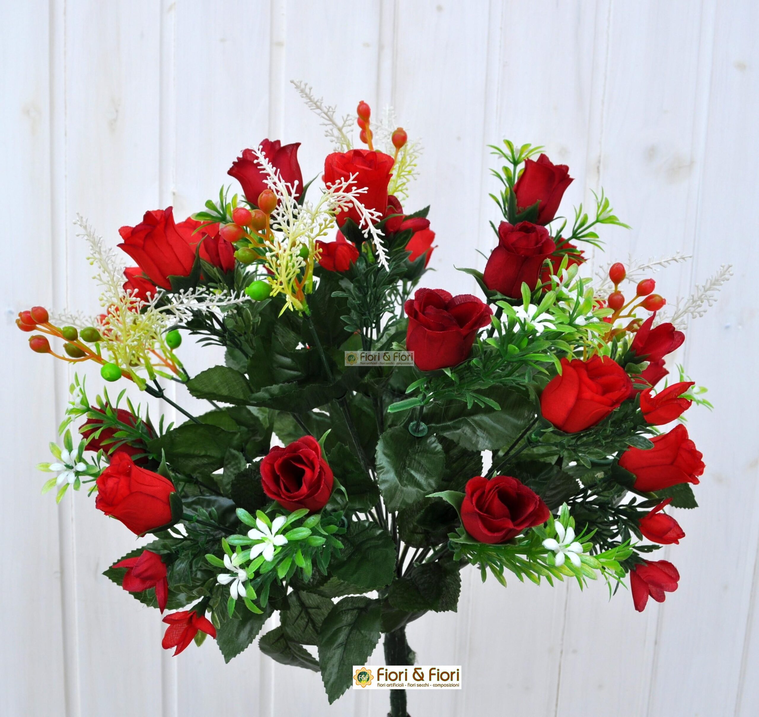 Bouquet boccioli di rosa artificiale rosso per esterni e interni