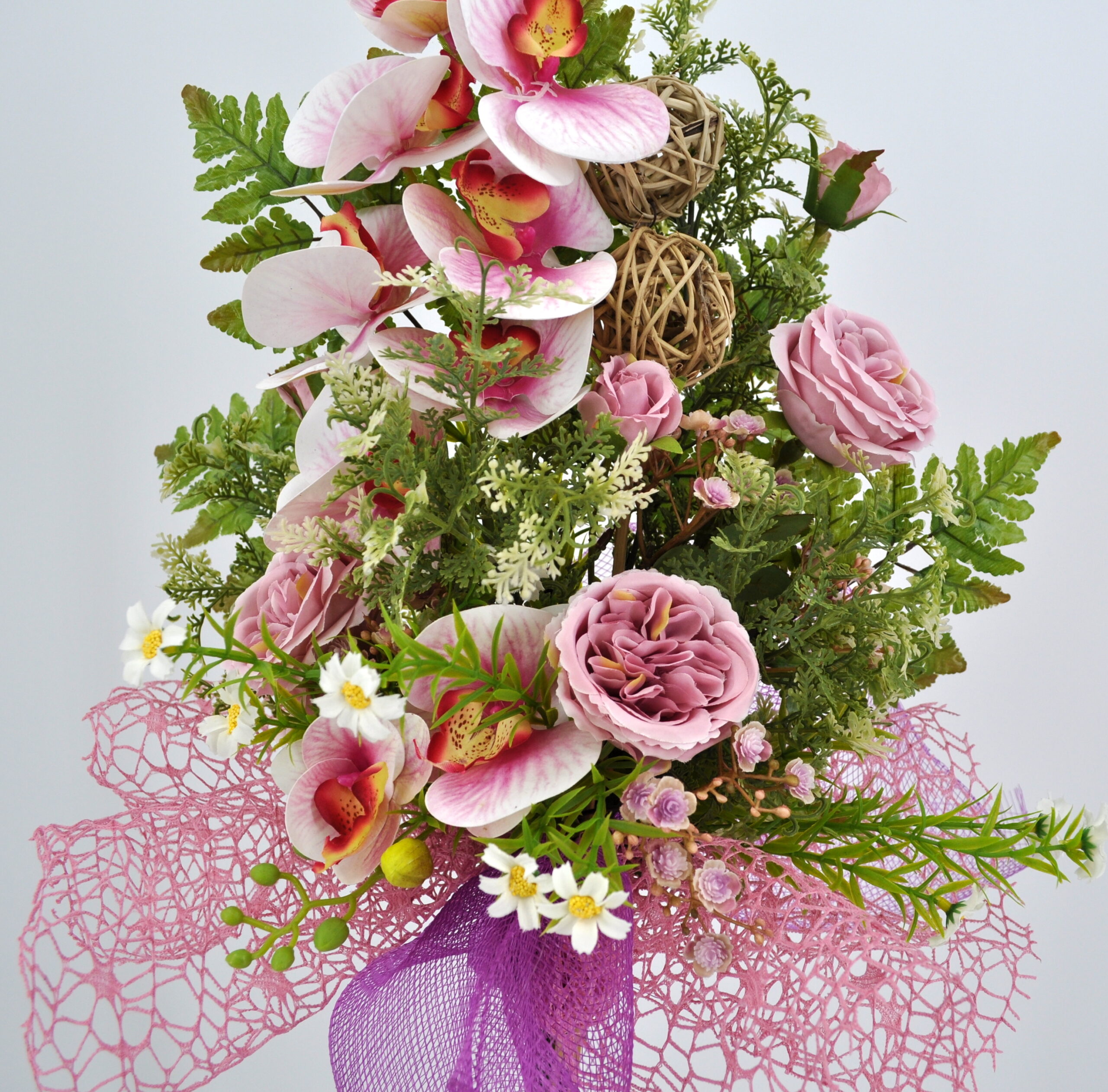 Bouquet Di Fiori Artificiali In Seta SNAIL GARDEN, 12 Peonie Rosa/bianche, Con Nastri E Biglietto