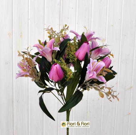 Bouquet fiori artificiali colibrì fucsia