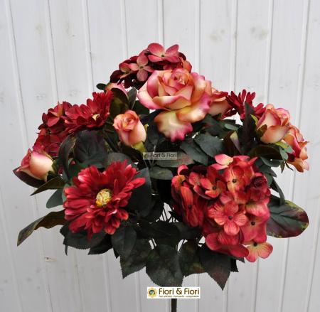 Bouquet fiori artificiali Rosa e Ortensia rosso