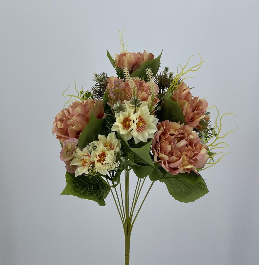 Bouquet fiori finti Peonia country arancio in tessuto satinato